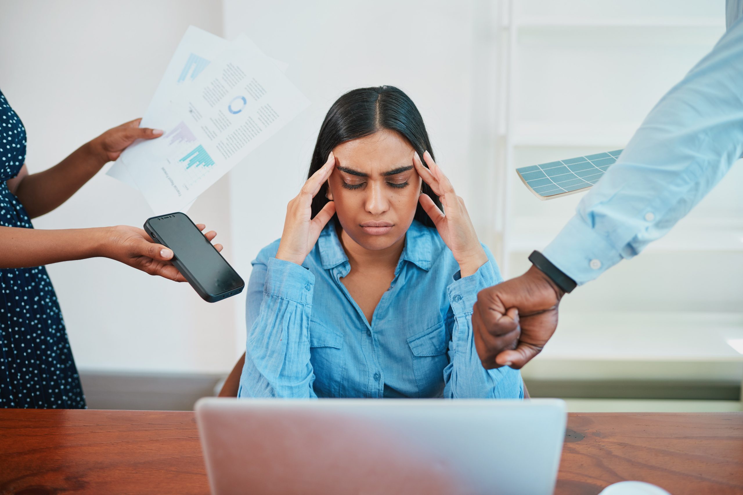 young business woman stressed, concept of demanding coworkers deadlines pressure